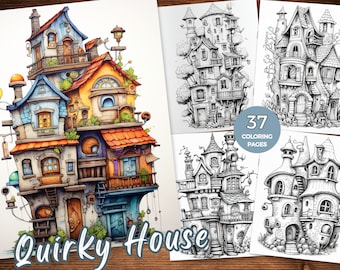 May include: A coloring book featuring 37 pages of whimsical, detailed illustrations of quirky houses. The cover image shows a multi-level house with a mix of blue, yellow, orange, and brown colors. The text "Quirky House" is written in a playful font at the bottom of the cover.