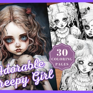 Adorable Creepy Girl Páginas para colorear en escala de grises Descarga instantánea Fantasía Creepy Kawaii niñas libro para colorear para adultos y adolescentes PDF imprimible