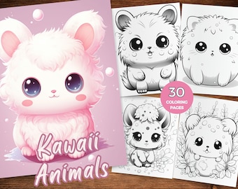 Coloriages d'animaux kawaii, livre de coloriage d'animaux mignons pour enfants et adultes à colorier en niveaux de gris, image kawaii à téléchargement immédiat