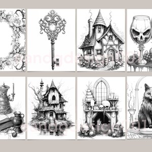 May include: A set of eight black and white illustrations featuring a variety of gothic and spooky themes. The illustrations include a key, a house, a skull, a cat, a book, a cauldron, a fireplace, and a frame.