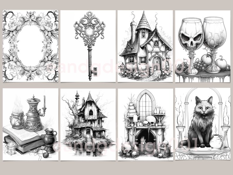 May include: A set of eight black and white illustrations featuring a variety of gothic and spooky themes. The illustrations include a key, a house, a skull, a cat, a book, a cauldron, a fireplace, and a frame.