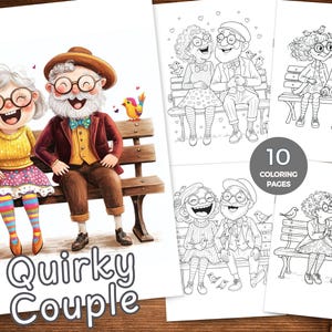 Puede incluir: Un conjunto de páginas para colorear con ilustraciones caprichosas de una pareja de ancianos. La portada muestra una imagen colorida de la pareja en un banco, con las palabras "Quirky Couple" debajo. El conjunto incluye 10 páginas para colorear.