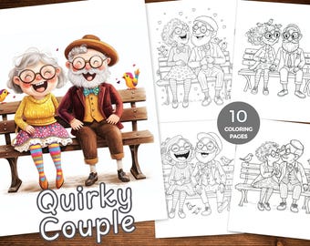 Quirky Elderly Couple Coloring Page, Whimsical Seniors on Park Bench, Fun Printable Adult Coloring for Relaxation, Coloring Book Bold Easy