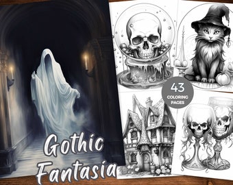 Kolorowanka gotycka dla dorosłych Kolorowanka ciemna gotycka fantazja Kolorowanka Halloween Arkusze do kolorowania w odcieniach szarości Dark Fantasy Natychmiastowe pobieranie