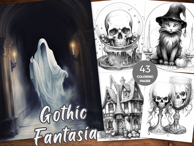 May include: A coloring book with 43 pages featuring gothic fantasy illustrations. The cover shows a ghost in a hallway with candles and the title "Gothic Fantasia". The inside pages show a skull in a glass dome, a cat wearing a witch's hat, a house with a pointed roof, and two goblets with skulls.