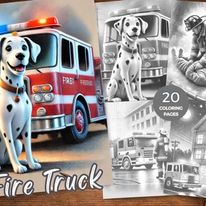 Fire Truck Coloring Book Firefighters Coloring Pages for Stress Relief Mindfulness coloring Fire truck grayscale coloring instant Download