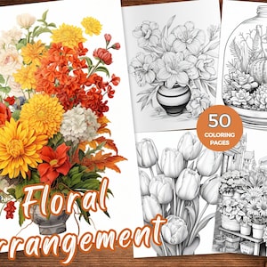 Boho Flower Coloring Page for Adults Floral Arrangement Coloring Page Instant Download Grayscale Coloring Book Printable PDF Flower Coloring