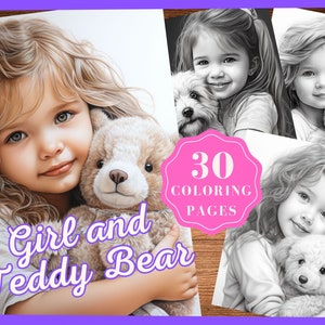 Girl and Teddy Coloring Pages for Kids Cute Teddy Coloring Sheets for Adults Teddy Bear Printable Art Grayscale Coloring Instant Download