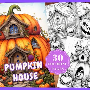 Pumpkin House Coloring Book for adults Halloween Pumpkin Grayscale coloring pages Fantasy Scary Pumpkin House instant download Printable PDF