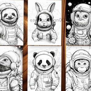 May include: Six black and white illustrations of animals in astronaut suits. The animals include a sloth, rabbit, owl, bird, panda, and monkey. Each animal is wearing a space helmet and suit, set against a space-themed background.