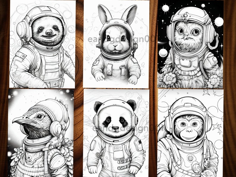 May include: Six black and white illustrations of animals in astronaut suits. The animals include a sloth, rabbit, owl, bird, panda, and monkey. Each animal is wearing a space helmet and suit, set against a space-themed background.
