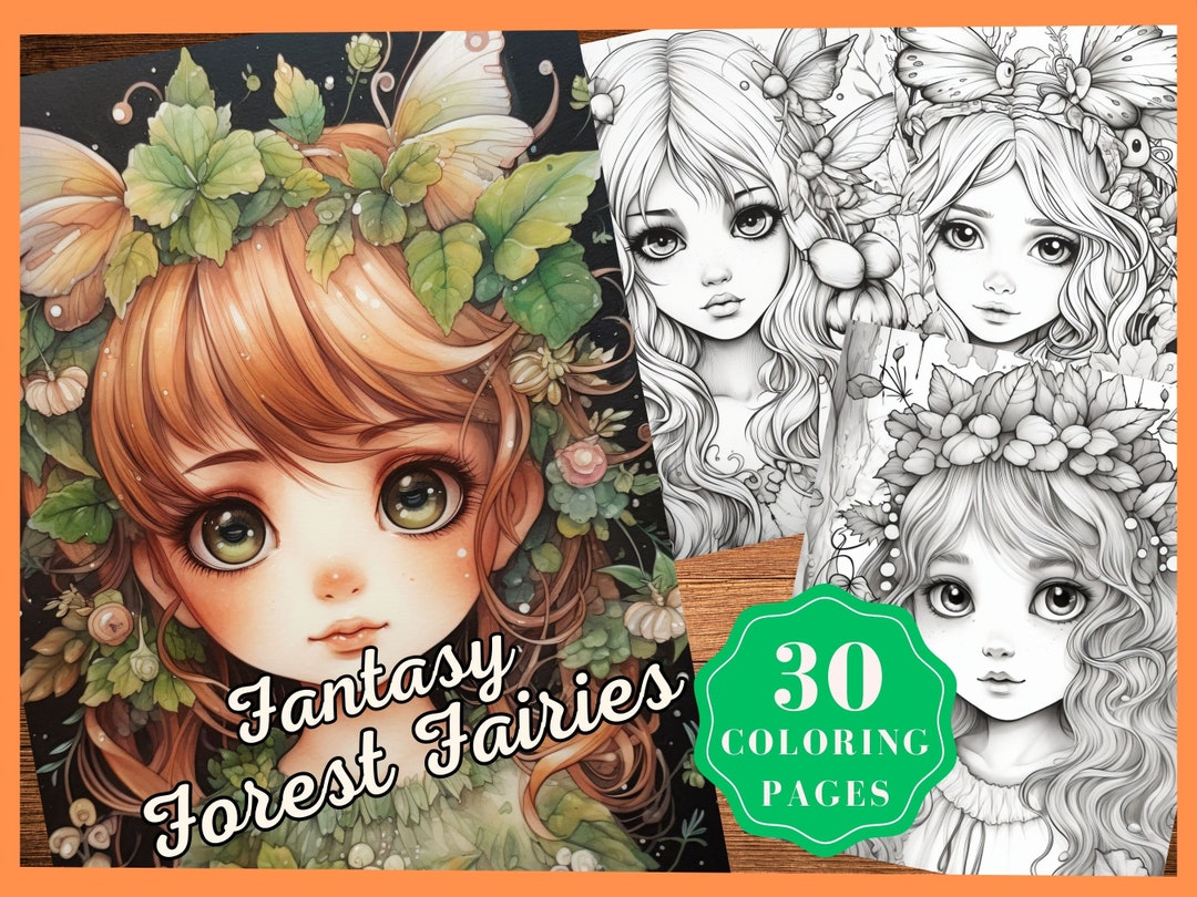 Fantasy Forest Fairy Girls Coloring Book. Grayscale Printable PDF ...