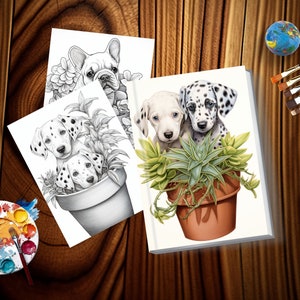 May include: A black and white Dalmatian puppy and a white Dalmatian puppy with black spots are sitting in a terracotta pot with green succulents. The puppies are looking at the viewer. The image is in black and white.