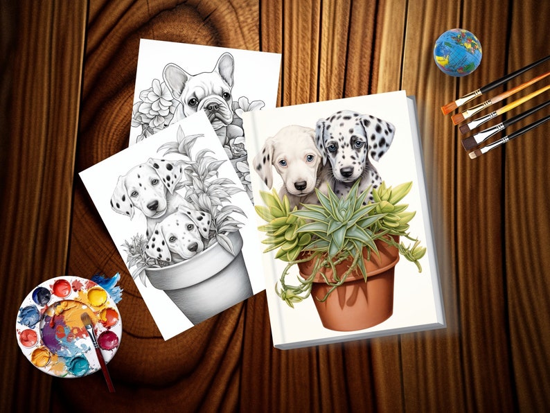 May include: A black and white Dalmatian puppy and a white Dalmatian puppy with black spots are sitting in a terracotta pot with green succulents. The puppies are looking at the viewer. The image is in black and white.