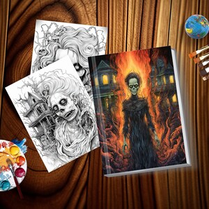 May include: A coloring book with a black and white illustration of a spooky house and a woman with a skull face. The cover of the book shows a colored illustration of the same scene with the woman standing in front of a burning house.