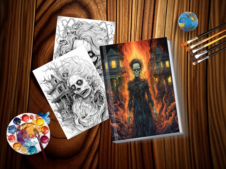 May include: A coloring book with a black and white illustration of a spooky house and a woman with a skull face. The cover of the book shows a colored illustration of the same scene with the woman standing in front of a burning house.