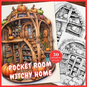 Isometric Room Coloring Pages Interior Isometric Witchy Home Coloring Book Pocket Room Witch House Coloring Sheets Halloween coloring Witch