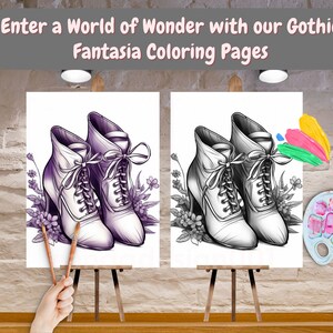 May include: Two black and white illustrations of heeled boots with lace-up fronts and bows on the top. The boots are surrounded by small flowers. The illustrations are on canvases on easels. A paint palette and brushes are on the right side of the image.