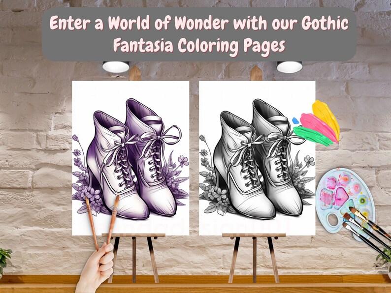 May include: Two black and white illustrations of heeled boots with lace-up fronts and bows on the top. The boots are surrounded by small flowers. The illustrations are on canvases on easels. A paint palette and brushes are on the right side of the image.