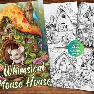 Whimsical Mouse House coloring pages Magical Mouse House coloring book Enchanted Dwelling Mouse house grayscale coloring sheets Printable