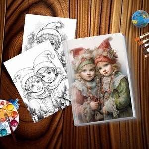 May include: Two young girls dressed as elves with red and white hats and matching outfits. The girls are holding hands and smiling. The image is a colouring page with the girls in black and white and a coloured version of the image.