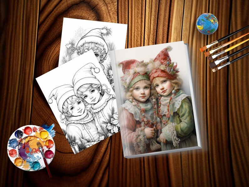 May include: Two young girls dressed as elves with red and white hats and matching outfits. The girls are holding hands and smiling. The image is a colouring page with the girls in black and white and a coloured version of the image.