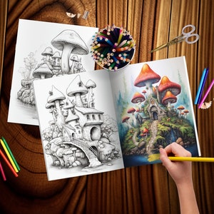 May include: An open coloring book featuring whimsical mushroom house illustrations. One page is colored with vibrant reds, oranges, and greens, while the other pages are black and white line drawings. Colored pencils, scissors, and a pencil sharpener are also visible.