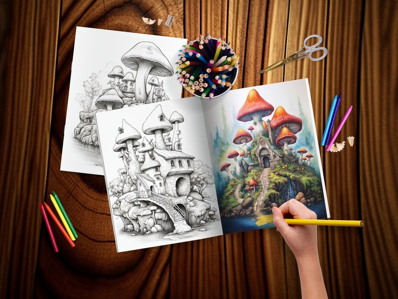 May include: An open coloring book featuring whimsical mushroom house illustrations. One page is colored with vibrant reds, oranges, and greens, while the other pages are black and white line drawings. Colored pencils, scissors, and a pencil sharpener are also visible.