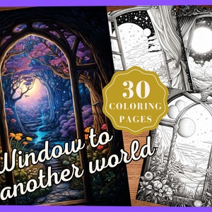 Window to Another World Grayscale Coloring Pages, Fantasy Coloring Pages, Kids and Adults, Digital Download, Printable PDF, Instant Download
