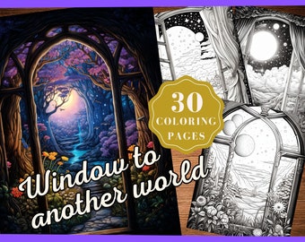 Window to Another World Grayscale Coloring Pages, Fantasy Coloring Pages, Kids and Adults, Digital Download, Printable PDF, Instant Download