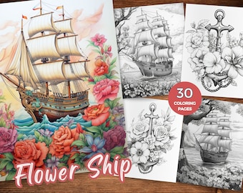 Flower Ship Coloring Pages Pirate Ship Coloring Book Floral Voyage Grayscale Coloring Sheet Printable Ship Coloring Sheet Maritime Adventure