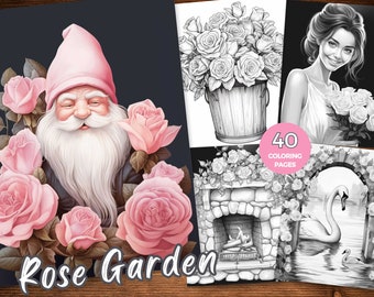 Könnte beinhalten: Ein Malbuch mit 40 Seiten, das verschiedene Bilder zum Thema Rosen zeigt, darunter einen Zwerg, der von rosa Rosen umgeben ist, einen Rosenstrauß in einem Eimer, eine Frau, die einen Rosenstrauß hält, einen Kamin mit Rosen und einen Schwan in einem Rosenbogen.