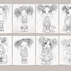 Peut inclure: Une collection de huit illustrations en noir et blanc au trait repr&eacute;sentant de jeunes personnages avec des couettes et divers chiens. Chaque dessin d&eacute;peint une sc&egrave;ne diff&eacute;rente avec des tenues, des coiffures et des poses distinctes sur un fond quadrill&eacute;.