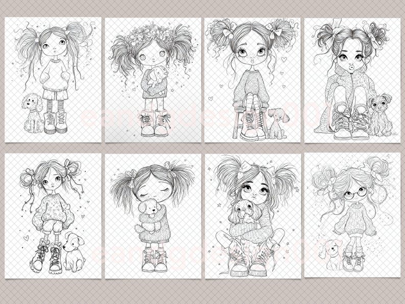 Peut inclure: Une collection de huit illustrations en noir et blanc au trait repr&eacute;sentant de jeunes personnages avec des couettes et divers chiens. Chaque dessin d&eacute;peint une sc&egrave;ne diff&eacute;rente avec des tenues, des coiffures et des poses distinctes sur un fond quadrill&eacute;.