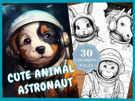 Cute Animals Astronaut Coloring Pages for Adults Instant Download Grayscale Coloring Book Animals in space Coloring Sheets Printable PDF
