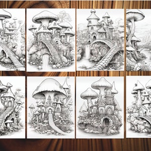 May include: Eight black and white illustrations of whimsical mushroom houses with bridges, stairs, and waterfalls. The drawings are detailed and fantasy-themed, perfect for coloring or as decorative art.