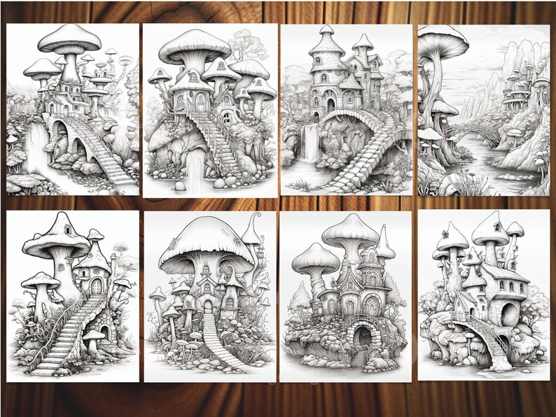 May include: Eight black and white illustrations of whimsical mushroom houses with bridges, stairs, and waterfalls. The drawings are detailed and fantasy-themed, perfect for coloring or as decorative art.