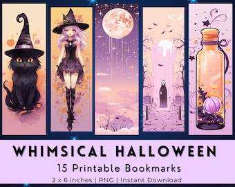 Halloween Bookmarks Bundle Printable Digital Instant Download PNG Bookmark Set Whimsical bookmark set Witches Skeleton Witchy Vibes Pumpkins