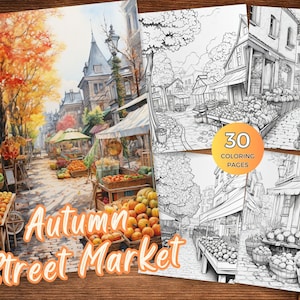 Minimalist Autumn Street Market Coloring Book Printable Coloring Pages for Autumn Grayscale Coloring Sheets Fall Coloring Pages for Adults