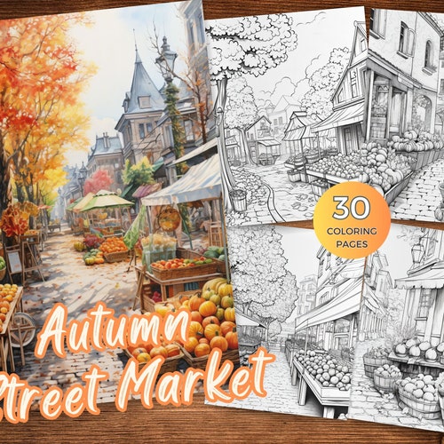 Minimalist Autumn Street Market Coloring Book Printable Coloring Pages for Autumn Grayscale Coloring Sheets Fall Coloring Pages for Adults