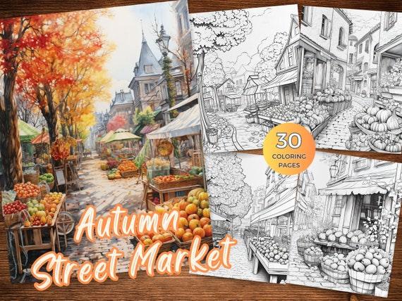 Minimalist Autumn Street Market Coloring Book Printable Coloring Pages for  Autumn Grayscale Coloring Sheets Fall Coloring Pages for Adults 
