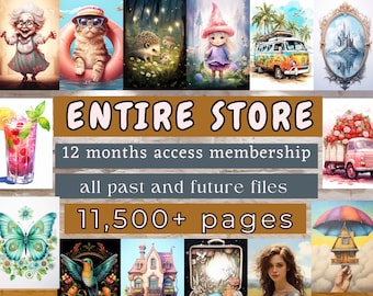 Può includere: Un collage di illustrazioni colorate con una varietà di soggetti, tra cui un gatto, un gnomo, una farfalla, un colibrì, una casa, una valigia, una donna e un camion. Il testo "ENTIRE STORE" è visualizzato in grandi caratteri grassetto, insieme alla frase "12 mesi di accesso all'abbonamento tutti i file passati e futuri 11.500+ pagine".