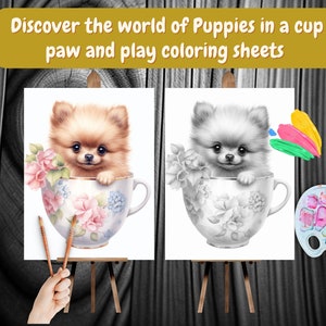 May include: A coloring page featuring a cute puppy sitting in a teacup. The puppy is in a black and white outline, and there is a paint palette with colorful paint on the side. The text "Discover the world of Puppies in a cup paw and play coloring sheets" is at the top of the image.