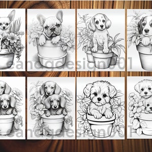 May include: A set of eight black and white illustrations of dogs in flower pots. Each illustration features a different breed of dog, including a chihuahua, a french bulldog, a beagle, a dachshund, and a maltese.