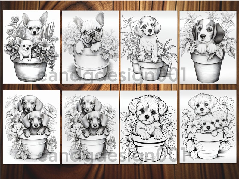 May include: A set of eight black and white illustrations of dogs in flower pots. Each illustration features a different breed of dog, including a chihuahua, a french bulldog, a beagle, a dachshund, and a maltese.