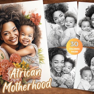 African Motherhood Coloring Pages for adults Instant Download Mom and daughter coloring book Mom and son Grayscale Coloring Sheets Printable