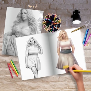 May include: An open coloring book with two black and white illustrations of women. The book is on a brick wall background with a pencil cup, pencils, and a lamp.