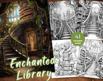 Enchanted Library Coloring Page Book, Fantasy Coloring Book, Adult coloring book, Grayscale Coloring Page, Fantasy Coloring page,Mindfulness