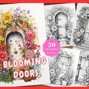 Blooming Fairy Doors Coloring Book for Adults Instant Download Flower Fairy Doors Grayscale Coloring Pages Printable Doors Flower Colouring