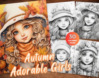 Autumn Girls Coloring Pages, Autumn Girls Grayscale Coloring Book for Adults instant Download Autumn Adorable Girls Coloring Sheet Fall girl